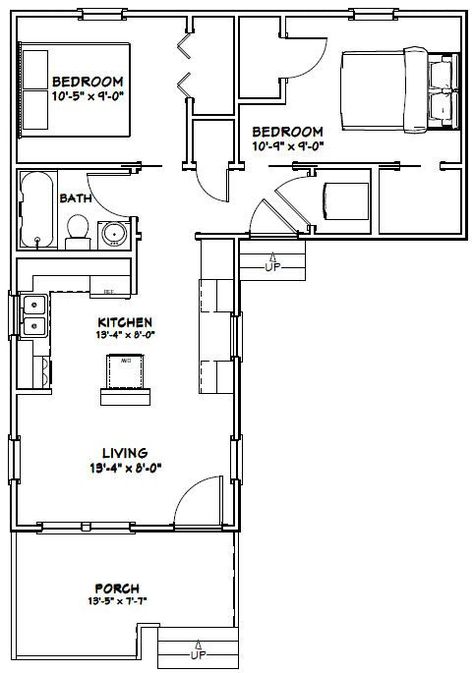 14x32 Tiny House -- #14X32H1L -- 643 sq ft - Excellent Floor Plans L Shaped House Plans, Plan Chalet, L Shaped House, Pelan Rumah, Small Tiny House, Tiny House Floor Plans, Cottage Plan, Shed Homes, Tiny Spaces