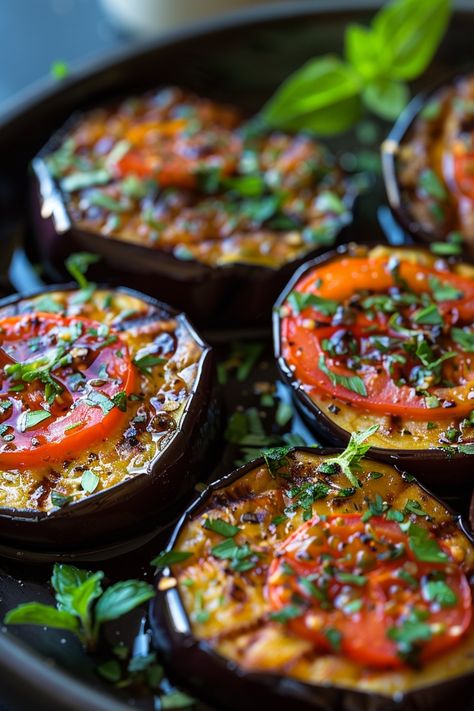 Slices of roasted eggplant topped with tomato slices and fresh herbs on a dark plate. Eggplant With Goat Cheese, Eggplant And Capsicum Recipes, Globe Eggplant Recipe, Eggplant And Tomato Recipes Baked, Eggplant Recipes Healthy Baked, Round Eggplant Recipes, Cooking Eggplant Best Way To, Roasted Eggplant And Tomato Recipes, Eggplant Fries Baked