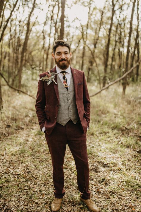 This Vibrant Texas Wildlife Sanctuary Wedding has All the DIY Inspiration You Need | Junebug Weddings Fall Groomsmen Attire, Fall Groomsmen, Burgundy Groom, Texas Wildlife, Ivy Wedding, Wedding Groomsmen Attire, Suits Groom, Forest Theme Wedding, Non Traditional Wedding