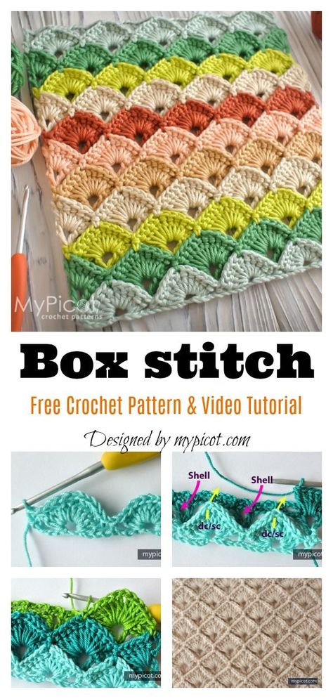 Box Stitch Free Crochet Pattern and Video Tutorial #coolcreativityfreepattern  #freecrochetpatterns  #crochettutorial Box Stitch Crochet, Picot Crochet, Crochet Box Stitch, Crochet Waffle Stitch, Box Stitch, Crochet Box, Easy Knitting Projects, Crochet Stitches Free, Triangle Shawl