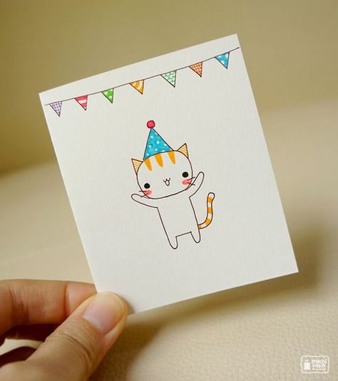 art Hadiah Diy, Birthday Doodle, Happy Birthday Cards Diy, Cool Birthday Cards, Watercolor Birthday Cards, Birthday Card Drawing, Cat Birthday Card, Watercolor Birthday, Bday Cards