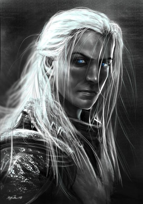 Drow are a dark-skinned race of elf that live in the Underdark, an underground city. Most drow are evil aligned, with the exception of Drizzt Do'Urden and Solaufein in Baldur's Gate II. They are shorter than regular elves and highly resistant to magic, and have a strong hatred for surface elves. Drow usually have black, blue or violet skin, have white hair and red or blue eyes. Before the name Drow was adapted, they were simply known as 'dark elves'. Drow are taught from an early age to trust Blue Eyes, Blonde Hair, Long Hair, Elf, A Woman, Blonde, Black And White, Hair, Blue