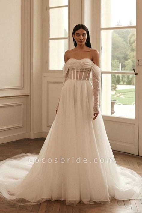 Glitter Long A-line Off the Shoulder Wedding Dresses with Sleeves Wedding Gown With Sleeves, Wedding Dress With Long Train, Dress With Long Train, Elegant Wedding Venues, Wedding Dresses Uk, Long Sleeve Wedding Dress, Wedding Dress Sequin, Long Train, Wedding Dress Trends