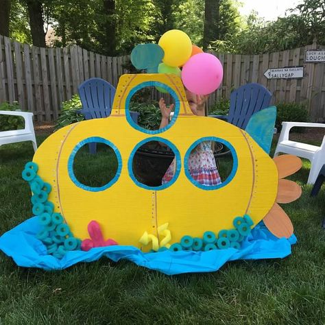 Octopus Vbs Decoration, Diy Submarine Decoration, Submarine Classroom Decorations, Submarine Photo Booth, Ocean Theme Stage Decoration, Scuba Vbs Registration Table, Easy Diy Under The Sea Decorations, Under The Sea School Theme, Ocean Photo Booth