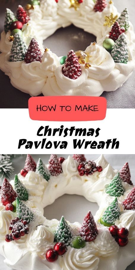 Festive Christmas Pavlova Wreath Recipe - A Holiday Dessert Showstopper Discover how to make a stunning Christmas Pavlova Wreath with light meringue and fresh fruits. Perfect as a festive holiday centerpiece, this dessert is both visually appealing and delicious! Christmas Pavlova Ideas, Elegant Christmas Desserts, Christmas Wreath Dessert, Christmas Pavlova Recipe, Christmas Pavlova Wreath, Pavlova Toppings, Pavlova Wreath, Wreath Recipe, Christmas Pavlova