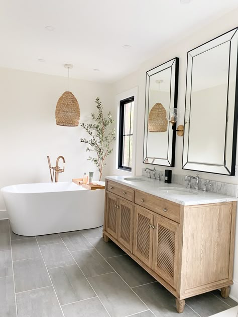 Bathrooms With Wood Look Tile Floors, Neutral Spa Bathroom Ideas, 8 Inch Hexagon Tile Floor Bathroom, Contemporary Tile Bathroom, Farmhouse Modern Master Bath, Master Bath Remodel Bohemian, Master Suite Entry Hall, Travertine Tile Bathroom Ideas, Coastal Farmhouse Master Bath