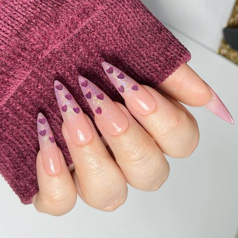 💌 Express love with purple Valentine's Day nails, from acrylic to almond, short to long, and French tips, all adorned with heart details. Valentine’s Day Nails Purple, Iridescent Valentines Nails, Trippy Valentines Nails, Maximalist Valentines Nails, Valentines Day Nails Airbrush, Purple Valentine, Butterfly Nail Art, Nail Art Techniques, Nail Care Tips