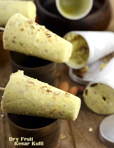 Dry Fruit Kesar Kulfi Kulfi Ice Cream Recipes, Kulfi Recipe Condensed Milk, Kulfi Ice Cream, Indian Deserts, Indian Ice Cream, Mango Kulfi, Kulfi Recipe, Homemade Ice Cream Recipes, Indian Dessert