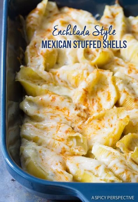 Easy Enchilada-Style Mexican Stuffed Shells on ASpicyPerspective.com Stuffed Shells Beef, Mexican Stuffed Shells, Shells Stuffed, Chicken Stuffed Shells, Stuffed Shells Ricotta, Easy Enchiladas, Shells Recipe, Recipe Beef, Stuffed Shells Recipe