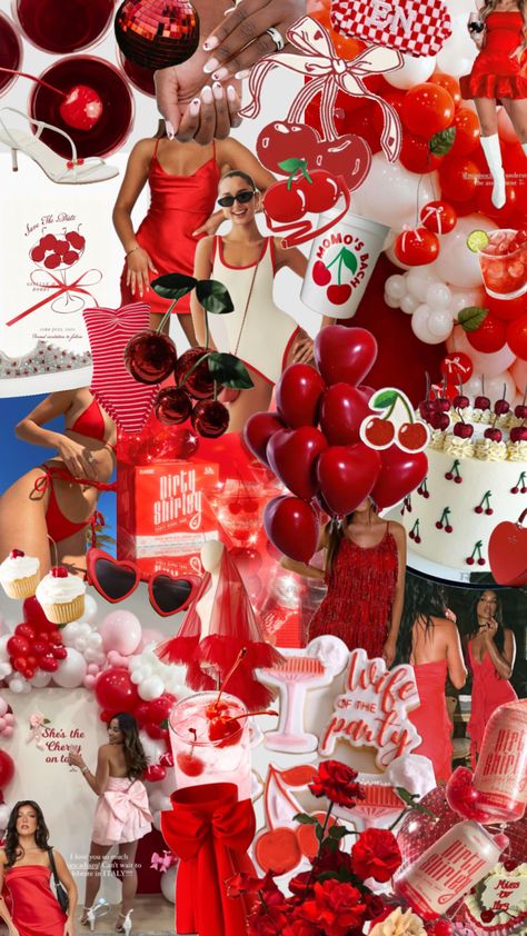 Red And White Bachelorette Party, Shes The Cherry On Top Theme, Bachelorette Mood Board Theme, Cherry Theme Bachelorette Party, Cherry On Top Party Theme, Mon Cheri Party, Cherry On Top Bachelorette, Bachelorette Theme Days, She’s A Cherry On Top