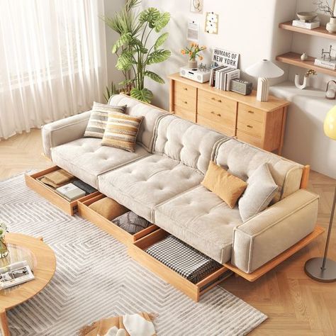 Sofa With Drawers Storage, Small Apartment Living Room Layout, Storage Couch, Sofa Aesthetic, Sofa With Wood, Small House Furniture, Couch With Storage, Small Living Space, Storage Sofa