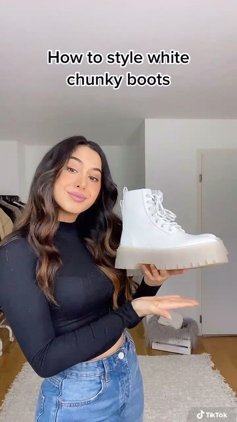 dilarashah_ on Instagram: This time WHITE chunky boots 🤍 Chunky White Boots Outfit, White Chunky Boots Outfit, Chunky White Boots, White Chunky Boots, Chunky Boots Outfit, White Boots Outfit, White Boots, Chunky Boots, Boots Outfit