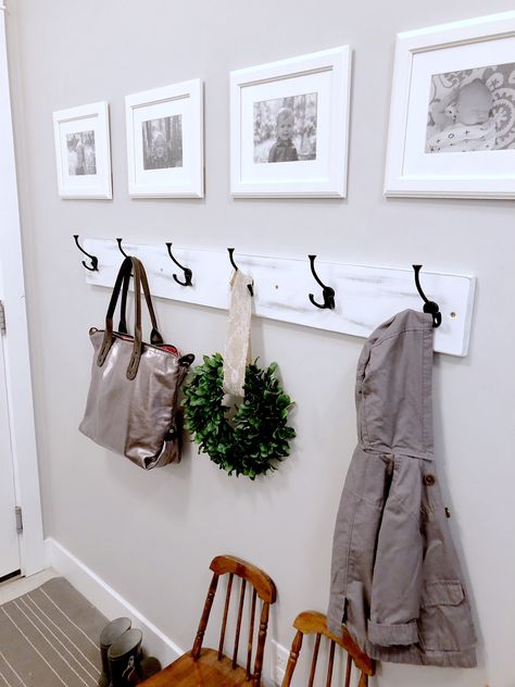 Coat Hooks Above Bench, Coat Rack In Laundry Room, Entry Wall Hooks Entrance, Board With Hooks Entryway, Coat Rack For Entryway, Entry Way Coat Rack Ideas Modern, Narrow Entryway Coat Hooks, Diy Wall Mount Coat Rack, Behind The Door Coat Rack