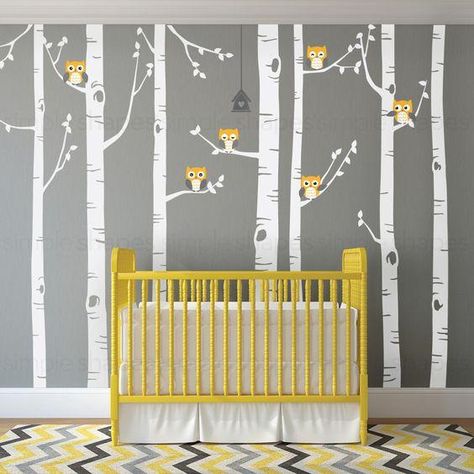 18 nursery design trends for boys rooms in 2019 Birch Tree Wall, Birch Tree Wall Decal, Forest Wall Decals, Ideas Habitaciones, Bird Wall Decals, White Birch Trees, Yellow Nursery, Tree Decals, Family Tree Wall Decal