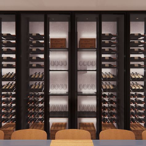 What it costs to build a custom wine wall with glass doors | MacPhee's Case Studies Double Sided Wine Wall, Wine Wall Display, Wine Cellar Wall, Glass Wine Cellar, Wine Closet, Wine Event, Wall Mount Rack, Wine Wall, Wine Display