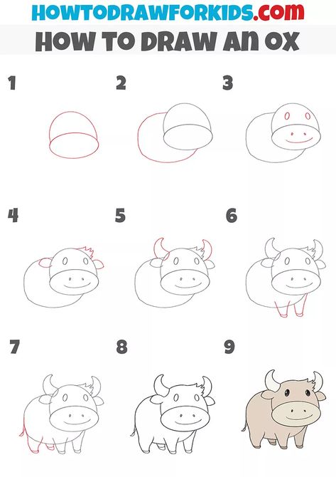 How to Draw an Ox Step by Step - Easy Drawing Tutorial For Kids Ox Drawing Easy, Ox Drawing, Bail Pola, Cow Drawings, Hippo Drawing, Kindergarten Drawing, Chalk Ideas, Cow Drawing, Baby Animal Drawings