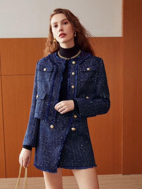 Navy Tweed Jacket Outfit, Blue Tweed Jacket Outfit, Cropped Jacket Outfit, Tweed Jacket Outfit, Blue Tweed Jacket, Navy Blue Style, Blue Tweed, Autumn 2023, Tweed Coat