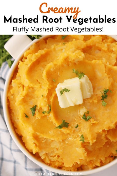 Creamy Mashed Root Vegetables Recipe - The Carefree Kitchen Mashed Root Vegetables Recipe, Easy Thanksgiving Side Dishes, Easy Homemade Cornbread, Thanksgiving Vegetables Side Dishes, Homemade Honey Butter, Root Vegetables Recipes, Unique Side Dishes, Thanksgiving Vegetables, Best Thanksgiving Side Dishes