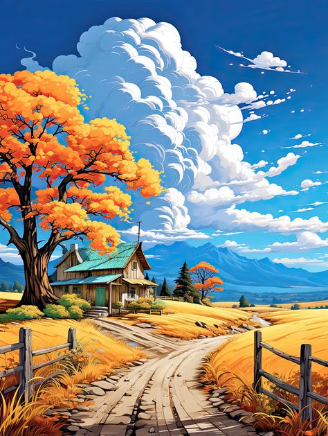 Autumn Landscape Art, Nature Illustration Landscapes, Landscape With House Painting, Illustration Art Landscape, Manga Landscape, Autumn Landscape Illustration, Blue Orange Illustration, Yellow Wallpaper Landscape, Landscape Art Acrylic