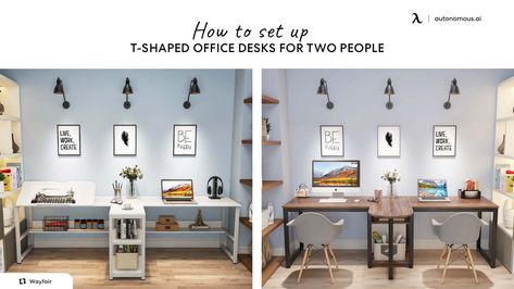 2 Desks Home Office, 2 People Desk Work Spaces, Office For 2 People Interior Design, Double Office Ideas Layout Small, Corner Desk For Two People, Home Office Two People, 2 Desk Home Office Layout, Couples Desk Setup, Home Office For Couples