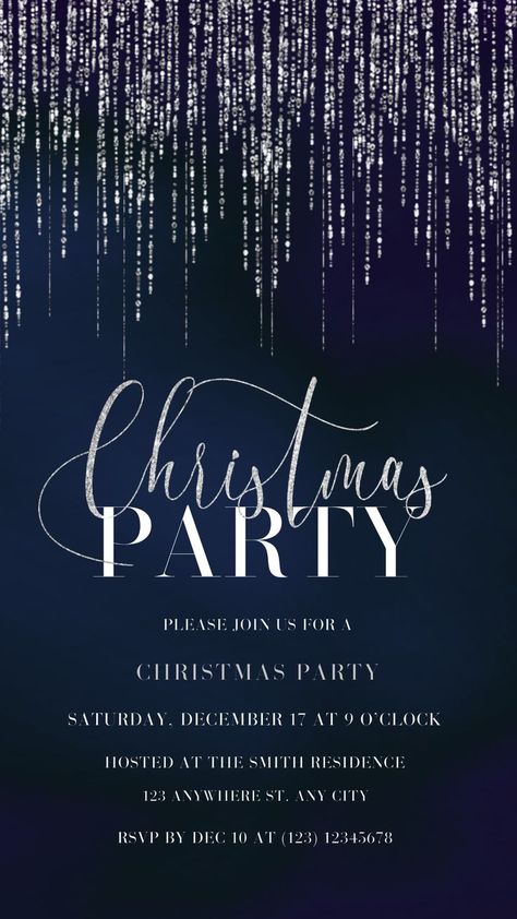 Christmas Party Invitation Template, Christmas Party, Please join us for a Christmas Party, Saturday, December 17 at 9 O'clock, Hosted at the Smith residence, 123 anywhere st, any city, RSVP by Dec 10 at (123) 12345678 Elegant Christmas Party, Christmas Party Invitation Template, Christmas Invitation, Glitter Invitations, Silver Party, Christmas Invitations, Christmas Party Invitations, Invitation Card Design, Party Invite Template