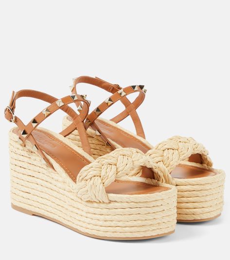 Rockstud braided leather espadrille wedges in brown - Valentino Garavani | Mytheresa Beachy Shoes, Valentino Wedges, Summer Shoes Heels, Spring Sunglasses, Minimal Shoes, Valentino Garavani Shoes, Brown Wedges, Black Espadrilles, Womens Sandals Wedges