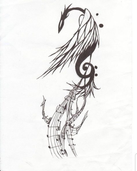 Tail Tattoo, Grey Ink Tattoos, Music Notes Drawing, Symbols Of Strength Tattoos, Phoenix Dragon, Music Notes Tattoo, Tattoo Dragon, Phoenix Tattoo Design, Music Tattoo Designs