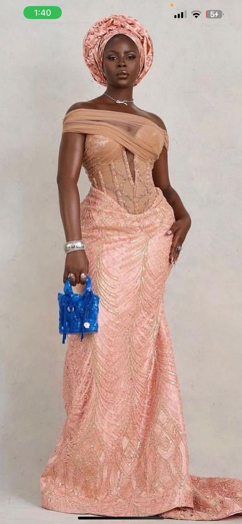 Peach Color Asoebi Lace Styles, Ibibio Wedding, Naija Babe, Nigerian Dress Styles, Aso Ebi Lace Styles, Birthday Clothes, Nigerian Dress, African Attire Dresses, Traditional Attires