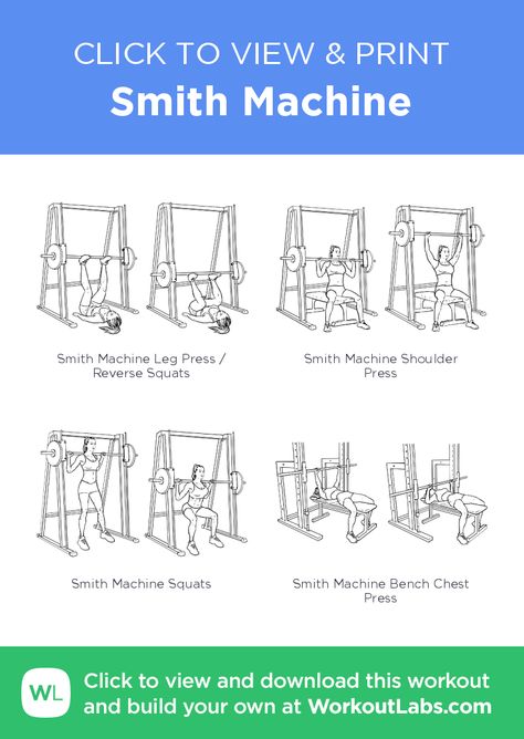 Smith Machine – click to view and print this illustrated exercise plan created with #WorkoutLabsFit Smith Machine Workout Arms, Smith Machine Workout, Workout Instructions, Best Home Workout Equipment, Workout Labs, Cable Workout, Weight Training Programs, Cardio Kickboxing, Trampoline Workout