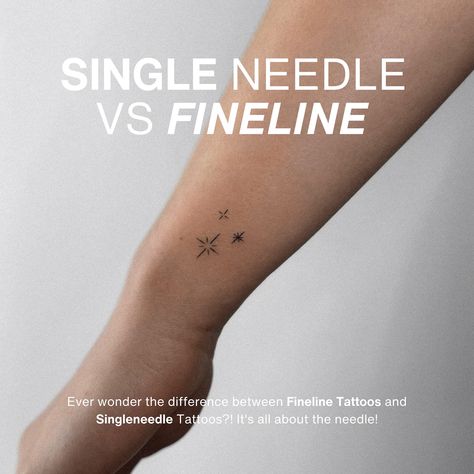 Wondering the difference between Fineline Tattoos and Single Needle Tattoos? It’s all about the needle! ✨SINGLE NEEDLES This technique uses only one needle to deposit ink into the skin, making it the most precise and thinnest “line” tattoo possible. Ideal for creating very fine lines and intricate details, it requires a specialist due to the high level of skill needed. Not all tattoo shops offer single-needle tattoos! Great for: script tattoos, tiny tattoos, realistic tattoos with delicate... Aged Fine Line Tattoo, One Needle Tattoos, Fine Needle Tattoo, Fineline Word Tattoo, Fine Lines Tattoo, Fine Line Script Tattoo, Tattoo Needle Sizes, Simple Line Tattoo, Script Tattoos