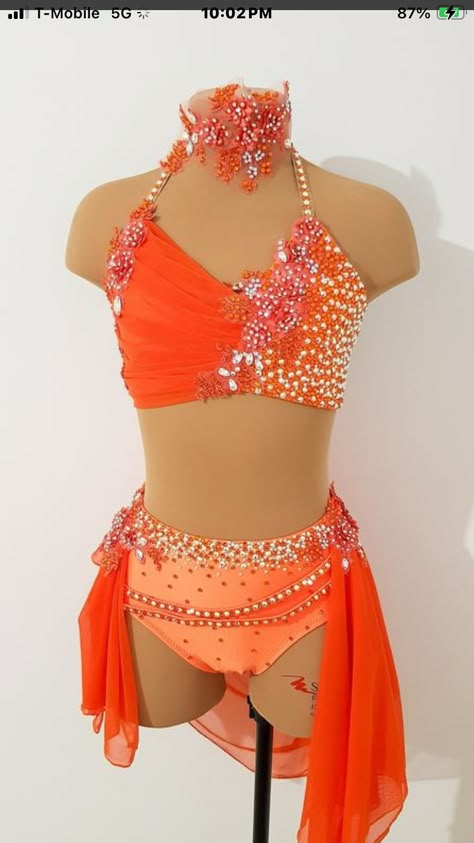 Orange Lyrical Dance Costumes, Dance Costumes Orange, Custom Jazz Costume, Orange Dance Costume, Jazz Solo Costumes, Dance Competition Outfits, Sassy Dance Costumes, Dance Costumes Jazz, Majorette Dance Uniforms