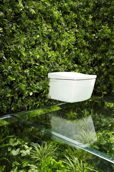 Japanese designers embark on a literally green toilet with foliaged walls - HomeCrux Awesome Bathrooms, Nature Inspired Bathroom, Toilet Surround, Solar Punk, Natural Bathroom, Blue Bar, Garden Bathroom, Theme Nature, Blue Lighting