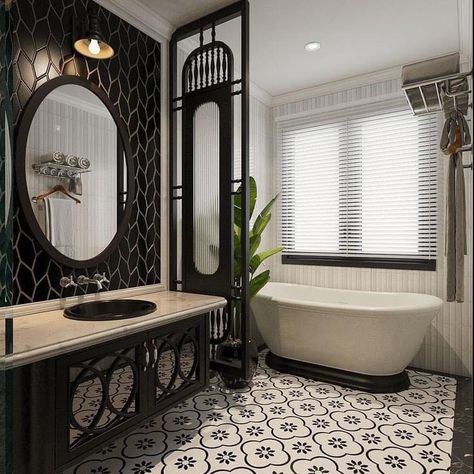 Traditional Indian Bathroom, Shanghai Art Deco Interior, Peranakan Bathroom, Indochine Bathroom, Black Washroom, Peranakan Interior, Hotel Washroom, Indochina Interior, Washroom Tiles Design