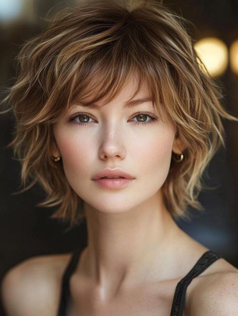 Short Shag Haircuts: The Trendy Style Revolutionizing Hair Fashion - Style US Layered Short Shag, 70s Shag Haircut Short, Short Shag Haircut, Shag Short, Short Hairstyles With Bangs, Framing Bangs, Honey Blonde Hair Color, Short Shaggy Haircuts, Mom Hair