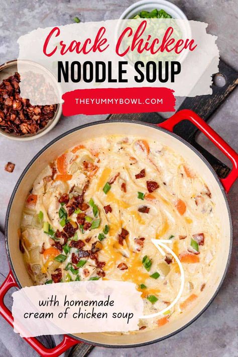 This is the best Crack Chicken Noodle Soup - it is a delicious, cozy, and hearty soup that is so simple to fix. The whole family will enjoy it and you'll want to make it again and again. This homemade soup is made with lots of fresh chunky veggies, shredded chicken, and a secret ingredient here - Cream of Chicken Soup. This comforting creamy chicken noodle soup will keep you cozy during the cold Fall evenings. Southern Living Rotisserie Chicken Noodle Soup, Best Soup Recipes Ever Chicken, Cracked Chicken Soup Recipes, Chicken Noodle Soup With A Twist, Homemade Chicken Soup With Whole Chicken, Chicken Soup With Cream Of Chicken, Chicken Noodle Soup No Celery, Chicken Noodle Soup With Spaghetti Noodles, Chicken Spaghetti Soup