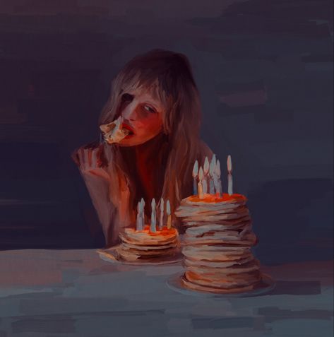 oil painting by stace oviedo @scribblegoblin on ig coquette aesthetic girl oil painting portrait eating pancakes food art downtown girl fashion illustration Oil Painting Emotions, Eating Issue Art, Person Eating Cereal Reference, Sensory Processing Disorder Eating Drawing, Eating Art Reference, Eating Artwork, Canabalism Art, Sustained Investigation Art, Ed Painting