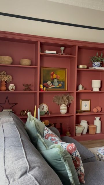 Pink Built In Bookcase, Painting Built In Bookcase, Built In Bookcase, Built In Shelves, Upcycled Furniture, Built Ins, Shelving Unit, Bookcase, Home Improvement