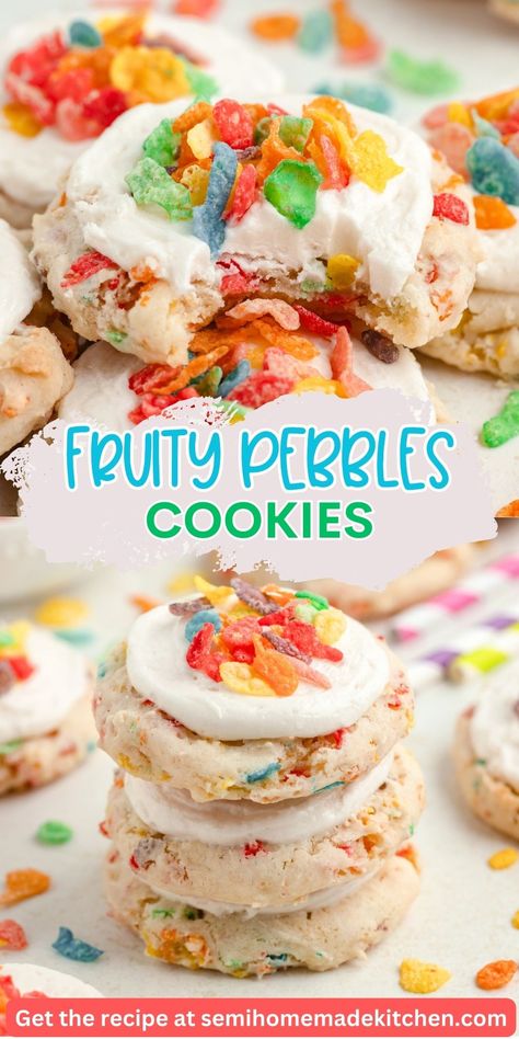 Fruity Pebbles Cake Mix Cookies with Cereal Milk Frosting are a colorful and nostalgic treat that’s easy to make. Using vanilla cake mix as the base, these soft cookies are filled with Fruity Pebbles cereal and topped with a unique cereal milk-infused frosting. Perfect for any event or gathering, these cookies add a pop of color and crunch. Head to the blog to get the full recipe and tips for success, including how to make the perfect cereal milk frosting. Fruity Pebble Cake, Fruity Pebbles Cake, Fruity Pebbles Cookies, Pebbles Cake, Unique Cookie Recipes, Cookies With Cake Mix, Fruity Pebble Cookies, Cake Cookies Recipe, Milk Frosting