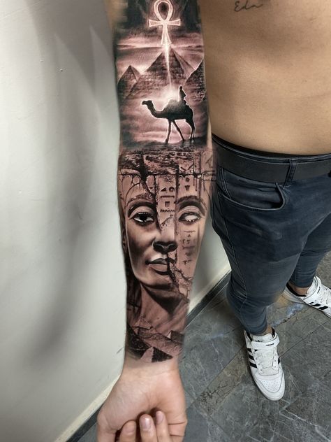 Kemet Egypt Tattoo, Egyptian God Sleeve, Black Pharaoh Tattoo, Egyptian Tattoo Upper Arm, Egyptian God Tattoo Sleeve, Egyptian God Tattoos For Men, Pyramid Tattoo Sleeve, Ancient Egypt Tattoo For Men, Eygptain Tattoos Men Arm