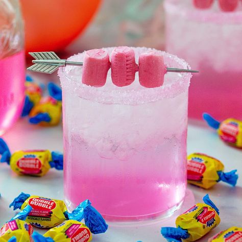 Bubblegum Cocktail Recipe | We are not Martha Bubblegum Drink Recipe, Non Alcoholic Barbie Drinks, Bubble Gum Cocktail, Pink Drink For Kids Party, Vodka Pink Drink, Bubblegum Party Theme, Candy Floss Cocktail, Colorful Drinks Alcohol, Barbie Drinks For Kids