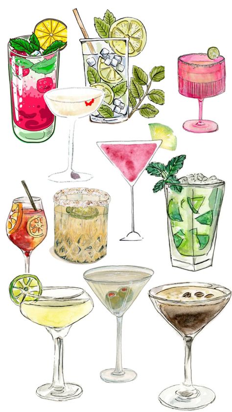 Cute cocktails, summer drinks, spring break, watercolor cocktails, what to paint, cute watercolors Cute Cocktails, 21st Birthday Shot Book, Watercolor Cocktails, Classic Vodka Cocktails, Cocktails Summer, What To Paint, Being A Girl, Collage Wallpaper, Iphone Wallpaper Fall