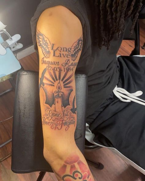 Long Live Jaquan #tattoo #tattoos #detroittattooartist #detroittattoos #riptattoos #candles #bobbyshmurda #gonebutneverforgotten #wings | Instagram Longlivemybrother Tattoo, Long Live Tattoo For Men, Long Live Tattoo Ideas, Long Live Tattoos, Long Live Tattoo Black People, Long Live Tattoo, Grandma Tattoos, Live Tattoo, Candle Tattoo