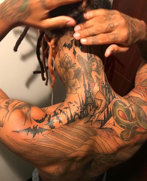 Trap Tattoos Men Shoulder, Trap Tattoos Men, Back Tats, Tattoos Men, Jackpot Slot, Back Tattoos For Guys, Neck Tattoos, Collar Bone Tattoo, Game Character Design