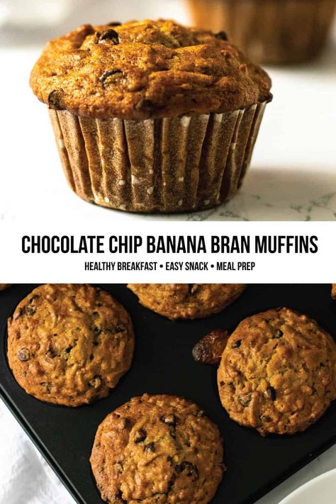 These Chocolate Chip Banana Bran Muffins have been great as a quick breakfast, healthy snack or even a sweet treat at the end of the day. #BacktoSchoolSnacks #HealthySnack #EasyBreakfast #HealthyBreakfast #MuffinRecipe #EasyRecipe #BranMuffin Honey Bran Muffins, Healthy Chocolate Chip Muffins, Bran Muffins Healthy, Banana Bran Muffins, Bran Muffin Recipes, Chocolate Banana Muffins, Banana Muffin Recipe, Chocolate Chip Banana, Bran Muffins