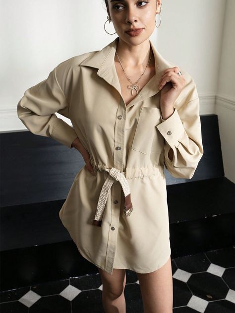 Women's Long Sleeve Cinched Waist Button-Up Mini Dress, Trendy Khaki Casual  Long Sleeve Woven Fabric Plain Shirt Non-Stretch  Women Clothing, size features are:Bust: ,Length: ,Sleeve Length: Dress Beige, Mini Robes, Future Fashion, Plain Shirts, Shoulder Shirts, Inspiration Mode, Cinched Waist, Na Kd, Pocket Detail