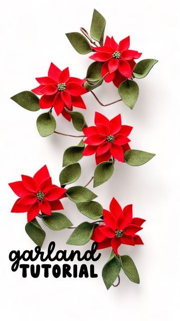 Felt Pointsetta Diy, Felt Christmas Flower, Felt Poinsettia Diy, Christmas Felt Flowers, Diy Felt Garland, Felt Flowers Patterns, Felt Flower Garland, Diy Felt Christmas Ornaments, Felt Bunting