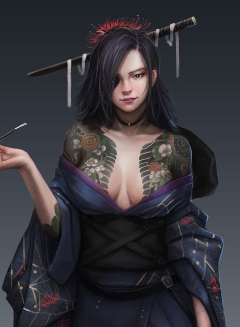 Yakuza Girl, Shadowrun Characters, Ronin Samurai, 3d Karakter, Female Samurai, Modele Fitness, Mixed Art, Manga Japan, Samurai Artwork