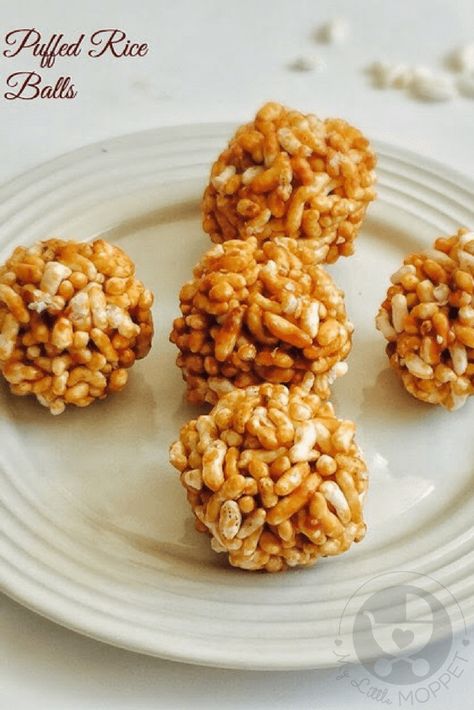 These Puffed Rice balls are a good snack for kids to munch on in between meals as it provides instant energy for active kids. Puffed Rice Recipes, Golden Food, Rice Balls Recipe, Recipes For Toddlers, Diwali Crafts, Snack For Kids, Bengali Food, Baby First Foods, Puffed Rice