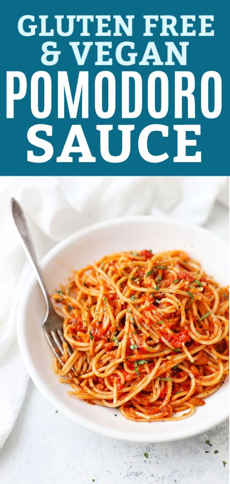 Pomodoro Sauce - This simple tomato sauce recipe comes together quickly and tastes DELICIOUS over pasta, chicken, zucchini noodles, spaghetti squash, and more! (Gluten free, vegan, paleo & whole30 friendly!) // tomato sauce recipe // pasta sauce recipe // pomodoro sauce recipe // pasta al pomodoro // #glutenfree #paleo #vegan #dairyfree #pasta #pastasauce #pomodoro Pomodoro Sauce Recipe, Pasta Pomodoro Recipe, Pasta Sauce Recipes Tomato, Pomodoro Sauce, Pasta Al Pomodoro, Simple Tomato Sauce, Vegan Sauce Recipes, Cooking Spaghetti, Easy Tomato Sauce