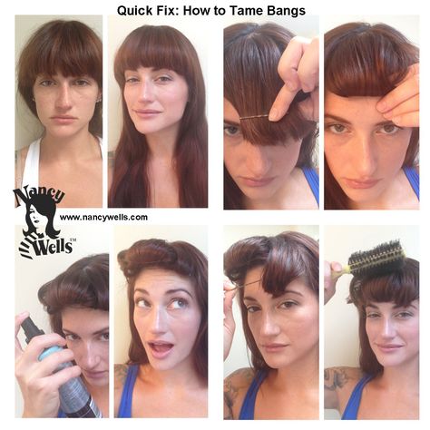 Quick Fix: How to tame bangs without using a flatiron or curling iron. Roll under with bobby pins, secure with more pins then spray in place, take down and brush through Style Your Curtain Bangs, Pinned Bangs, Side Haircut, Basic Hairstyles, Fashion And Beauty Tips, Style Hair, Curtain Bangs, Curling Iron, Hairstyles Haircuts